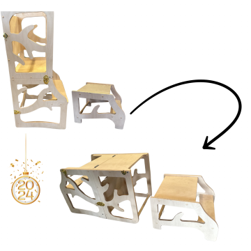Učiaca veža, písací stolík, stolička, schodík, tabuľa 5v1 montessori borovica
