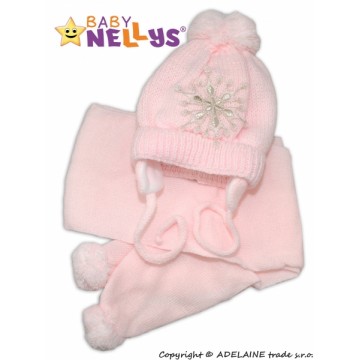BABY NELLYS Zimná čiapočka s šálom - Snehová vločka v ružovej