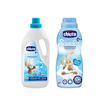 CHICCO Prací gél Baby Sensitive 1,5 l + Aviváž Baby Sensitive koncentrovaná Sladký púder 750 ml