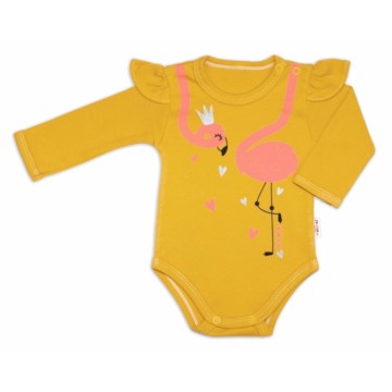 Baby Nellys Bavlnené dojčenské body, dl. rukáv, Flamingo s volánikom - horčicove