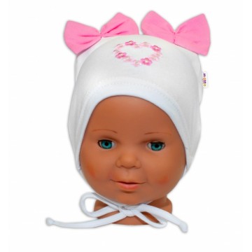 Bavlnená čiapočka na zaväzovanie Baby Nellys s mašličkami - biela, 40 - 42cm