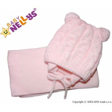 BABY NELLYS Zimná pletená čiapočka s šálom Mimi Bear s brmbolcami - sv. ružová
