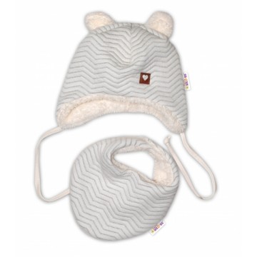 Baby Nellys Zimná kožušková čiapka s šatkou LOVE, šedý vzor, veĺ. 46/48cm