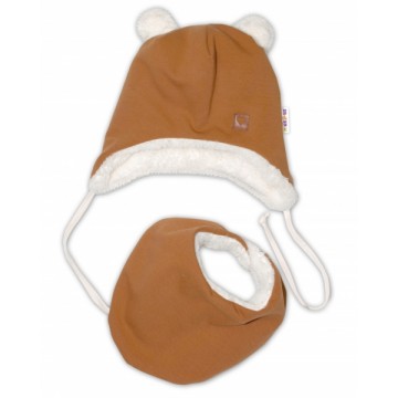 Baby Nellys Zimná kožušková čiapka s šatkou LOVE, medová horčica, veľ. 42/44 cm
