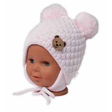 BABY NELLYS Zimná pletená čiapka Teddy Bear na zaväzovanie, ružová