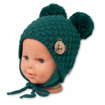 BABY NELLYS Zimná pletená čiapka Teddy Bear na zaväzovanie, zelená