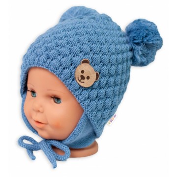 BABY NELLYS Zimná pletená čiapka Teddy Bear na zaväzovanie, modrá, 68/80, (6-12m)