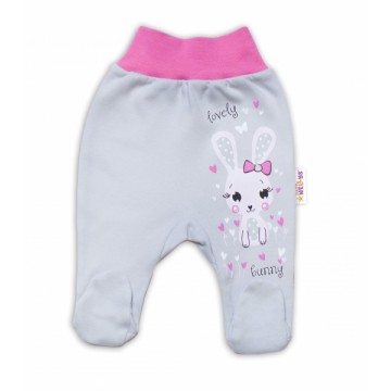 Baby Nellys Bavlnené dojčenské polodupačky, Lovely Bunny - sivé / ružové, veľ. 74