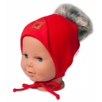 Baby Nellys Bavlnená dvojvrstvová čiapka s brmbolcom na zaväz. Star - červená, vel. 68/80