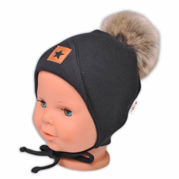 Baby Nellys Bavlnená dvojvrstvová čiapka s brmbolcom na zaväz. Star - čierna, veľ. 80/86