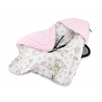 Baby Nellys Otepl. zavin. deka s kapucňou minky+bavlna, 90 x 90 cm, Srnka a růže - růžová