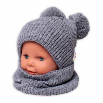 BABY NELLYS Zimná pletená čiapka + nákrčník - sivá s brmbolcami