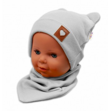 Baby Nellys Rebrovaná dvojvrstvová čiapka s uškami + šatka TEDDY - sivá, 80/86